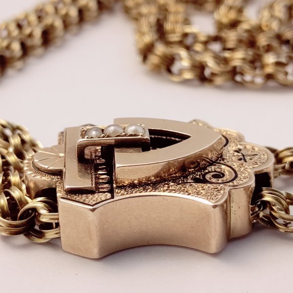 Solid 14k Victorian Seed Pearl Enamel Slide Pendant 30" Handmade Chain Necklace - Picture 3 of 9